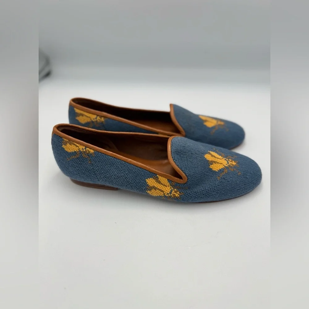 Zalo Blue Floral Needlepoint Loafers with Tan Trim